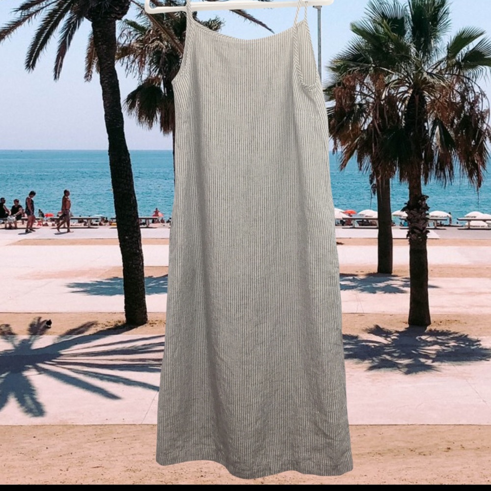 Linenfox Striped Linen Maxi Dress Pockets M